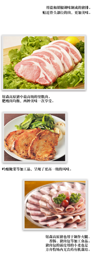 用盐和胡椒调味制成的猪排。贴近骨头部位的肉，更加美味。馆森高原猪中最高级的里肌肉。肥瘦肉均衡，两种美味一次享受。吟酿腌菜等加工品，呈现了更高一级的风味。馆森高原猪也用于制作火腿、香肠、猪肉包等加工食品。猪肉包的面皮用的小麦也是方舟牧场内无农药有机栽培。