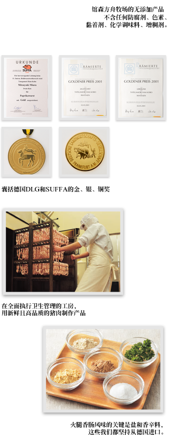 囊括德國DLG與SUFFA的金、銀、銅獎。在徹底執行衛生管理的工房，用新鮮且高品質的豬肉製造。火腿香腸風味關鍵的鹽與香辛料等皆堅持由德國輸入